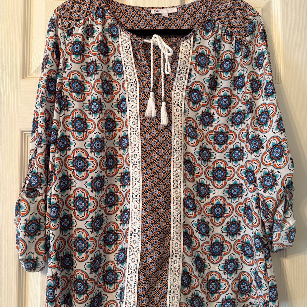 DR2 Women's Floral Blouse - Blue and Orange